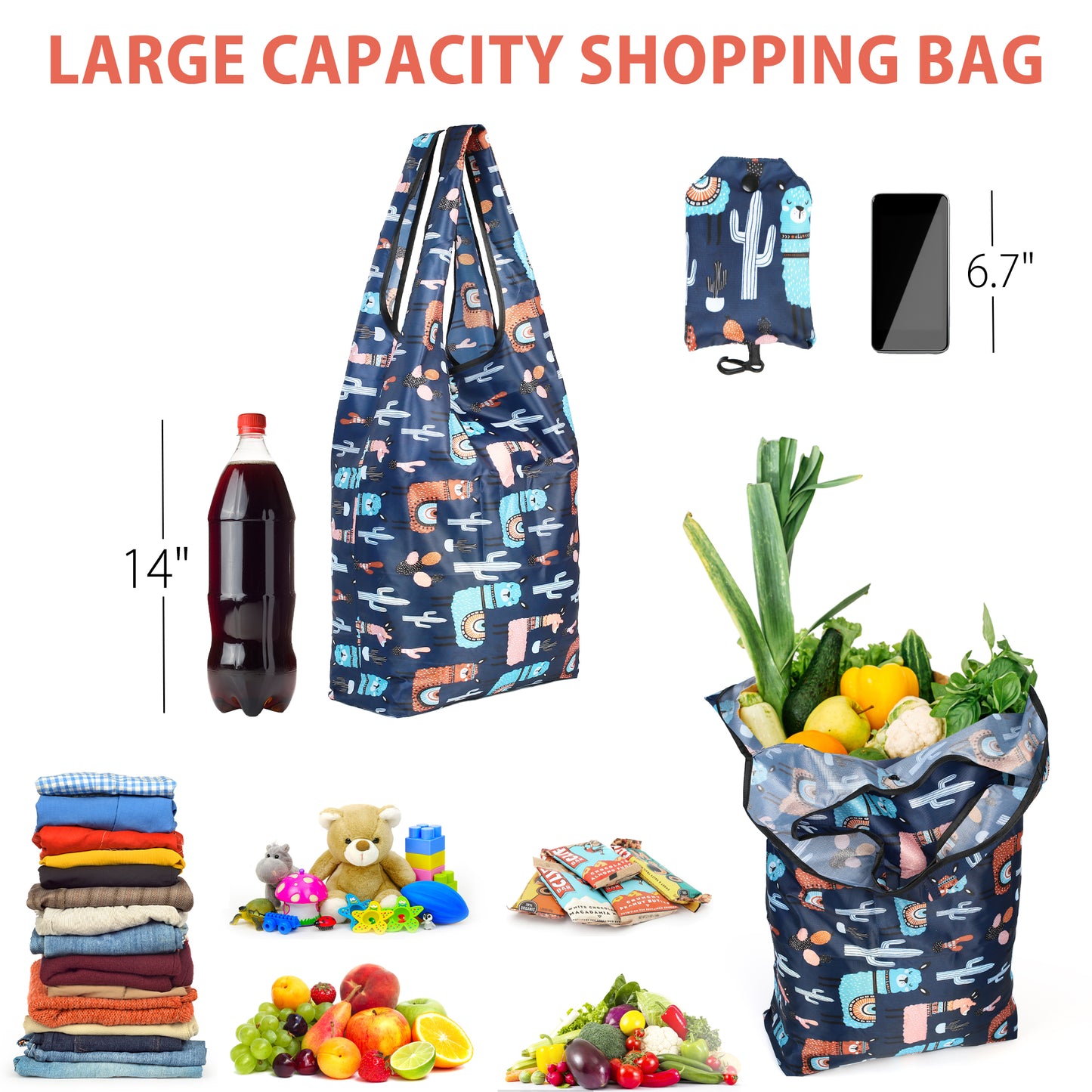 LotFancy Reusable Grocery Bags, Foldable Shopping Bags with Attached Pouch, Waterproof Nylon Grocery Bags