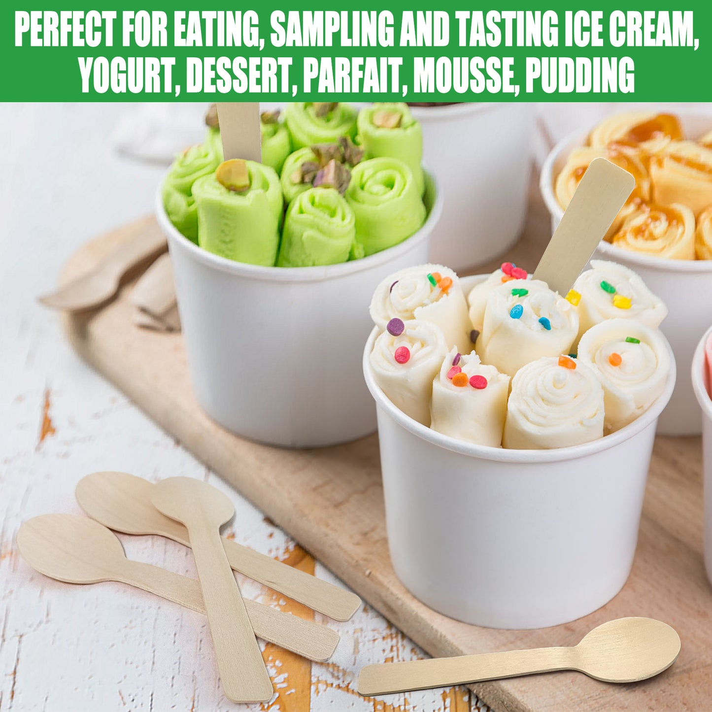 LotFancy 200 Mini Disposable Wooden Spoons, 4 in Compostable Small Tasting Sampling Spoons