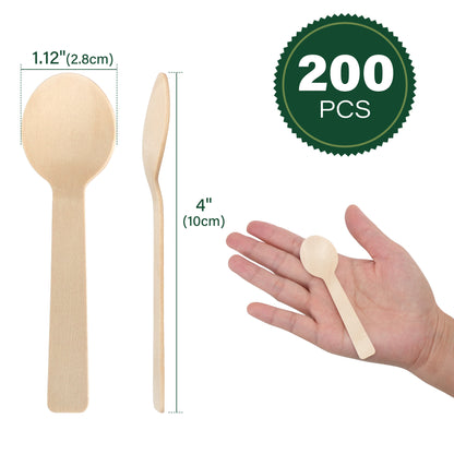 LotFancy 200 Mini Disposable Wooden Spoons, 4 in Compostable Small Tasting Sampling Spoons