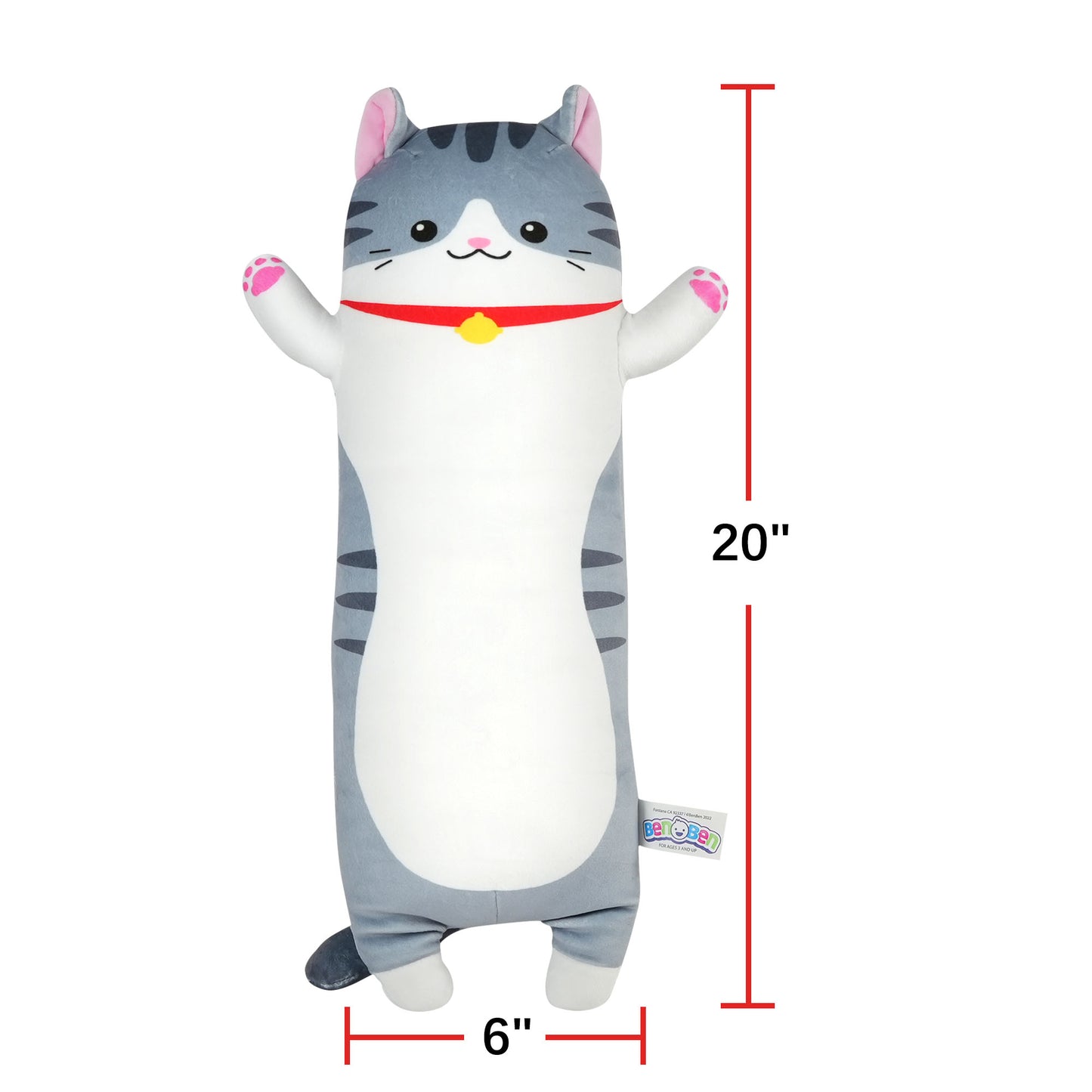 BenBen Long Cat Plush Pillow, Cat Stuffed Animal Body Pillow for Kids, 20 in, Grey