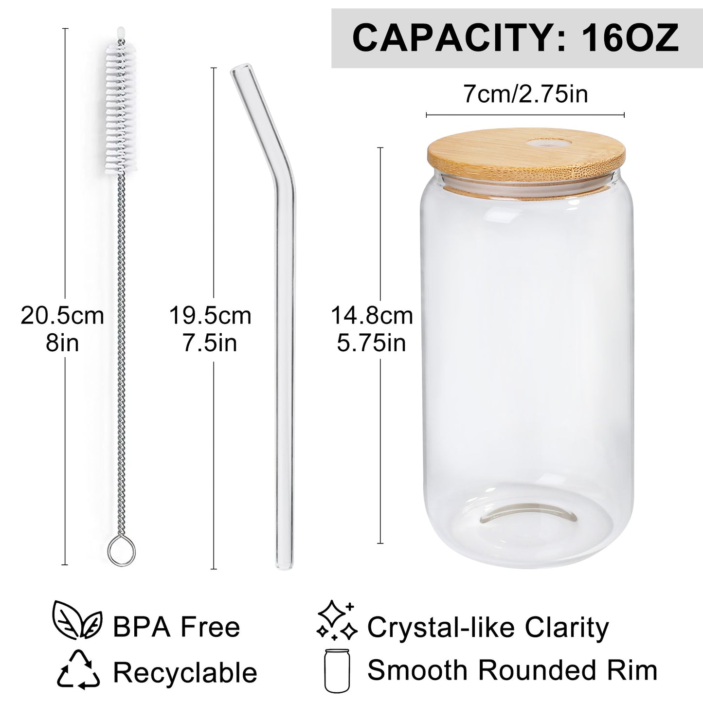 LotFancy 6Pcs Glass Cups with Bamboo Lids and Glass Straw, 16oz Can Shaped Drinking Glasses