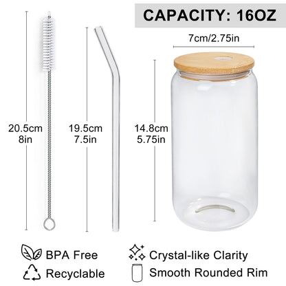LotFancy 6Pcs Glass Cups with Bamboo Lids and Glass Straw, 16oz Can Shaped Drinking Glasses