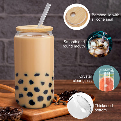 LotFancy 6Pcs Glass Cups with Bamboo Lids and Glass Straw, 16oz Can Shaped Drinking Glasses