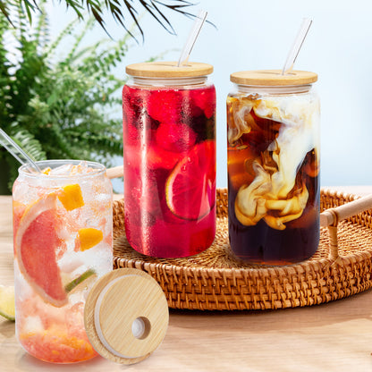 LotFancy 6Pcs Glass Cups with Bamboo Lids and Glass Straw, 16oz Can Shaped Drinking Glasses