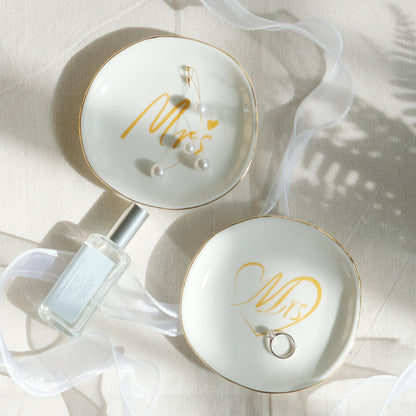 LotFancy Ring Dish Holder, Mrs Ceramic Gold Trinket Dish, Jewelry Dish Gift for Bride, Girlfriend, Wife