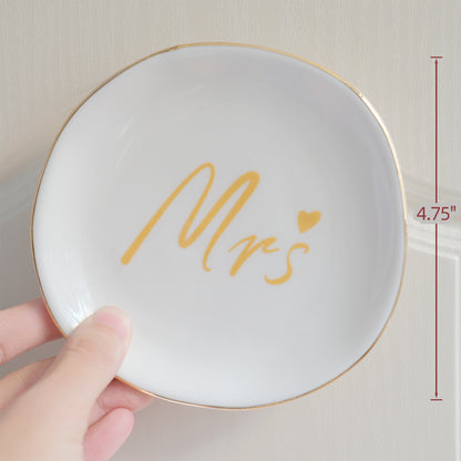 LotFancy Ring Dish Holder, Mrs Ceramic Gold Trinket Dish, Jewelry Dish Gift for Bride, Girlfriend, Wife