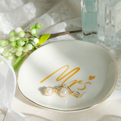 LotFancy Ring Dish Holder, Mrs Ceramic Gold Trinket Dish, Jewelry Dish Gift for Bride, Girlfriend, Wife