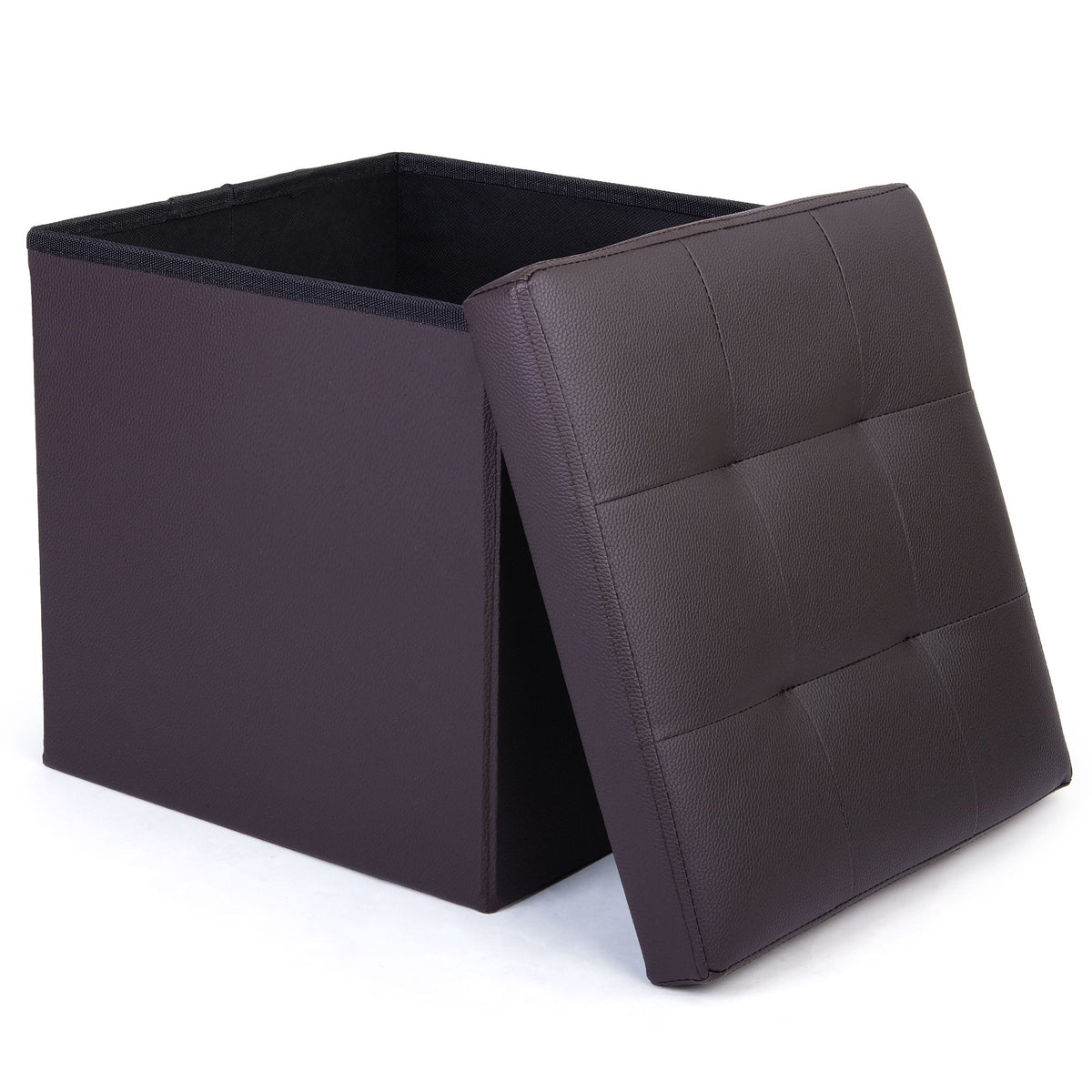 LotFancy 13 in Storage Ottoman Cube, Foot Stool Ottoman with Storage, Dark Brown Faux Leather