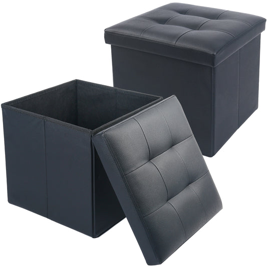 LotFancy 2 Pack 13" Faux Leather Storage Ottoman Cube, Square Foot Stool Ottoman with Storage, Black