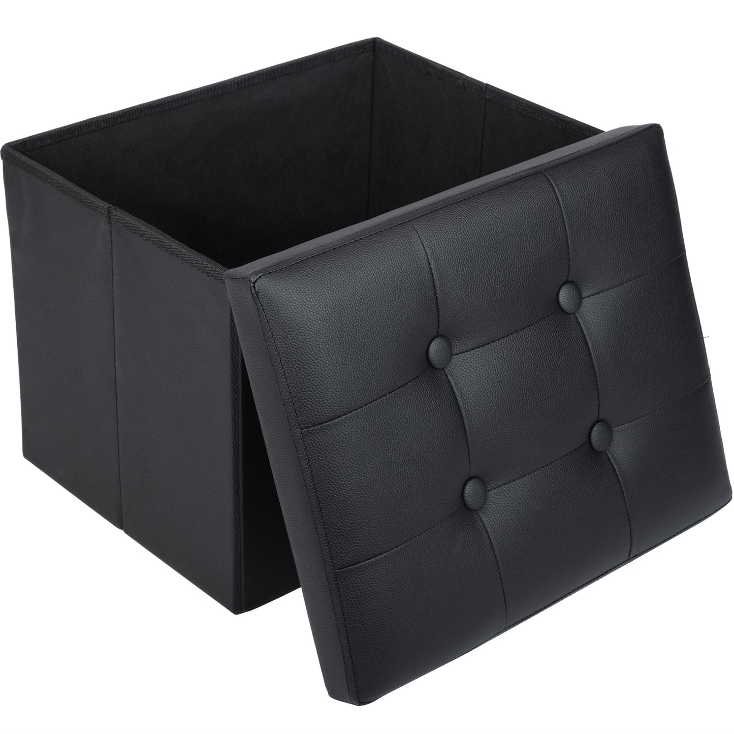 LotFancy 17 in Storage Ottoman Cube, Foot Stool Ottoman, Black Faux Leather, 17x13x13 in