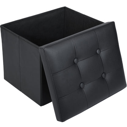 LotFancy 17 in Storage Ottoman Cube, Foot Stool Ottoman, Black Faux Leather, 17x13x13 in