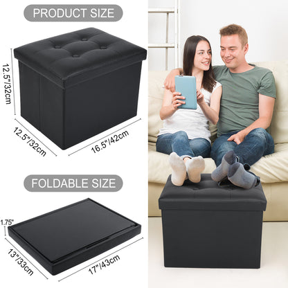 LotFancy 17 in Storage Ottoman Cube, Foot Stool Ottoman, Black Faux Leather, 17x13x13 in