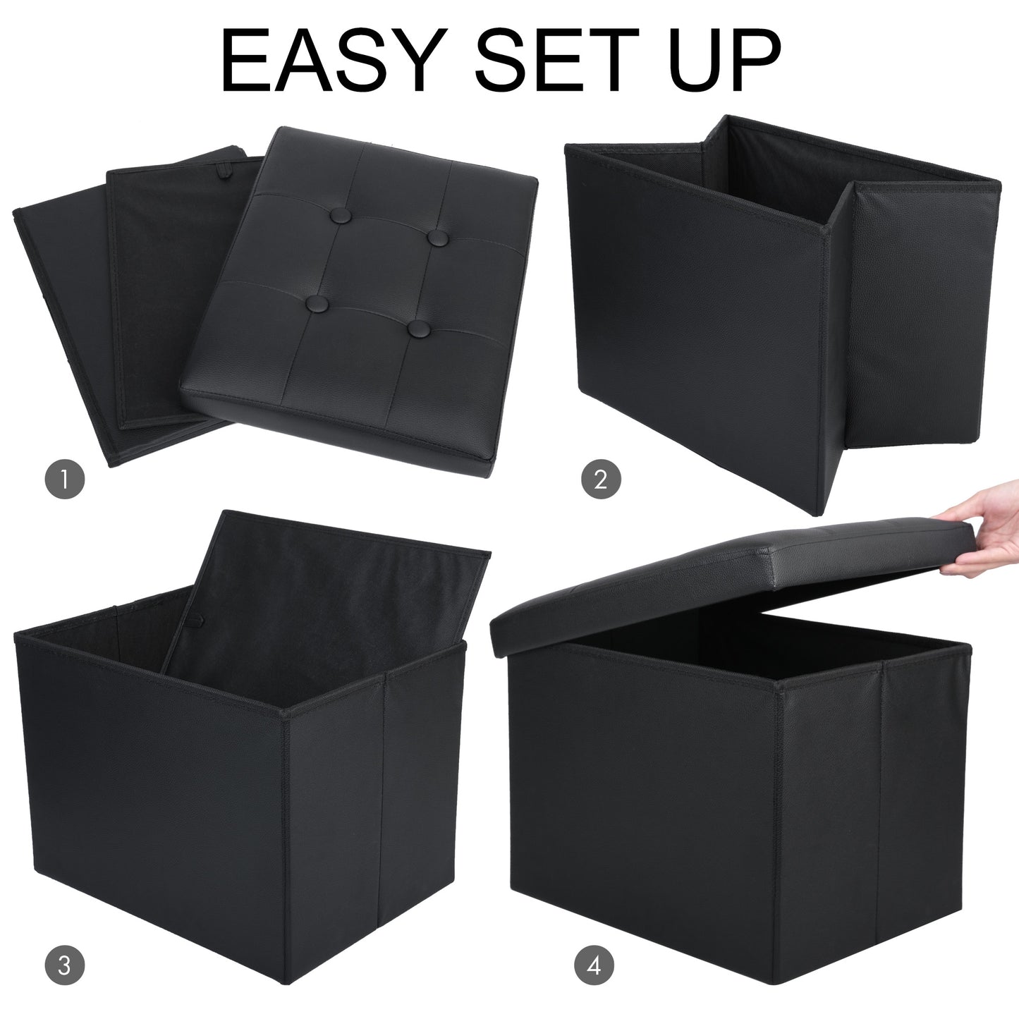 LotFancy 17 in Storage Ottoman Cube, Foot Stool Ottoman, Black Faux Leather, 17x13x13 in