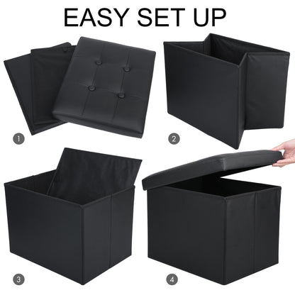 LotFancy 17 in Storage Ottoman Cube, Foot Stool Ottoman, Black Faux Leather, 17x13x13 in