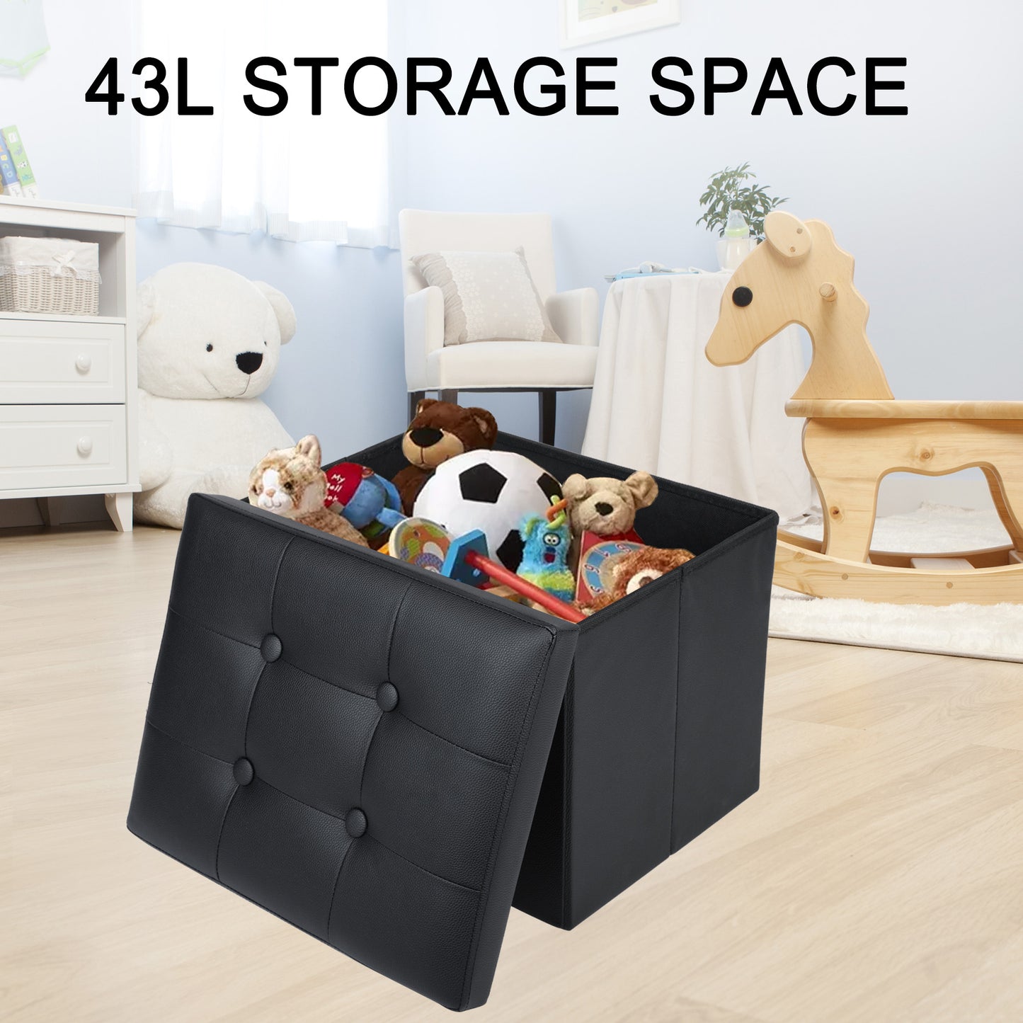 LotFancy 17 in Storage Ottoman Cube, Foot Stool Ottoman, Black Faux Leather, 17x13x13 in