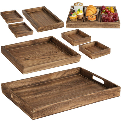 LotFancy Wooden Serving Trays, 7 Piece Set, Rustic Nesting Food Trays with Handles, Decorative Charcuterie Board Platter for Ottoman, Desktop, Coffee Table, Countertop Centerpiece