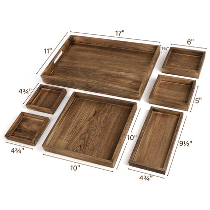 LotFancy Wooden Serving Trays, 7 Piece Set, Rustic Nesting Food Trays with Handles, Decorative Charcuterie Board Platter for Ottoman, Desktop, Coffee Table, Countertop Centerpiece