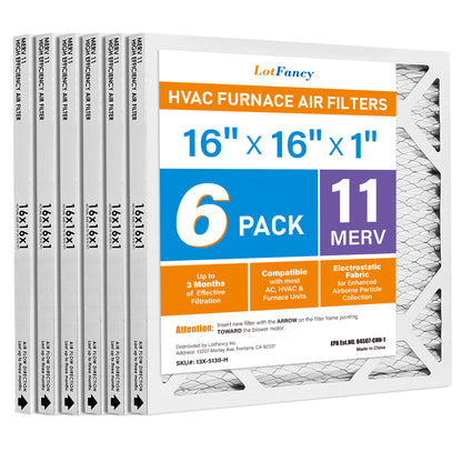 LotFancy 16x16x1 Air Filters, MERV 11 Pleated HVAC AC Furnace Air Filters, 6 Pack