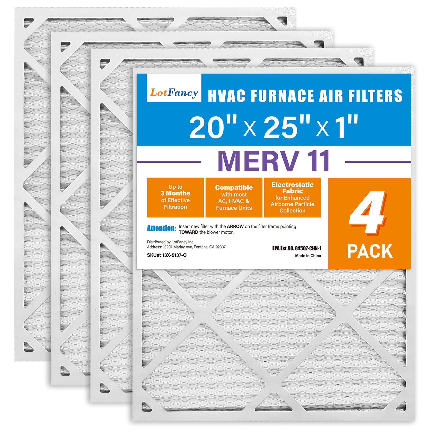 LotFancy 20x25x1 Air Filters, 4 Pack, MERV 11 Pleated HVAC AC Furnace Filters WMT
