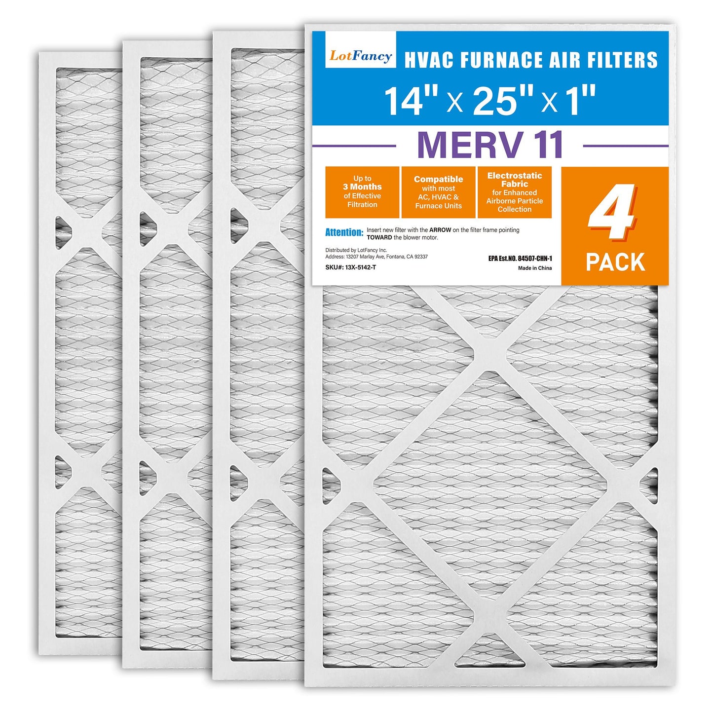 LotFancy 14x25x1 Air Filters, MERV 11 Pleated HVAC AC Furnace Air Filters, 4 Pack