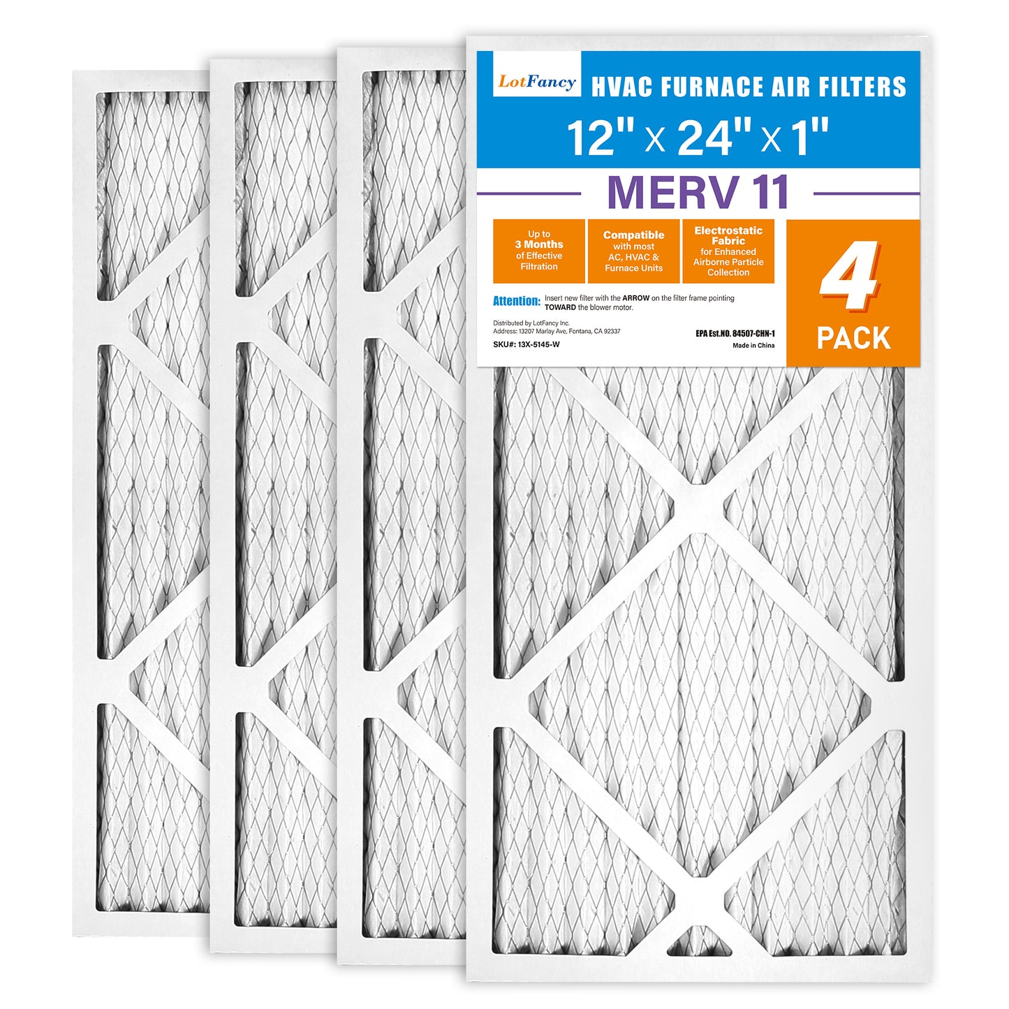 LotFancy 12x24x1 Air Filters, MERV 11 Pleated HVAC AC Furnace Air Filters, 4 Pack