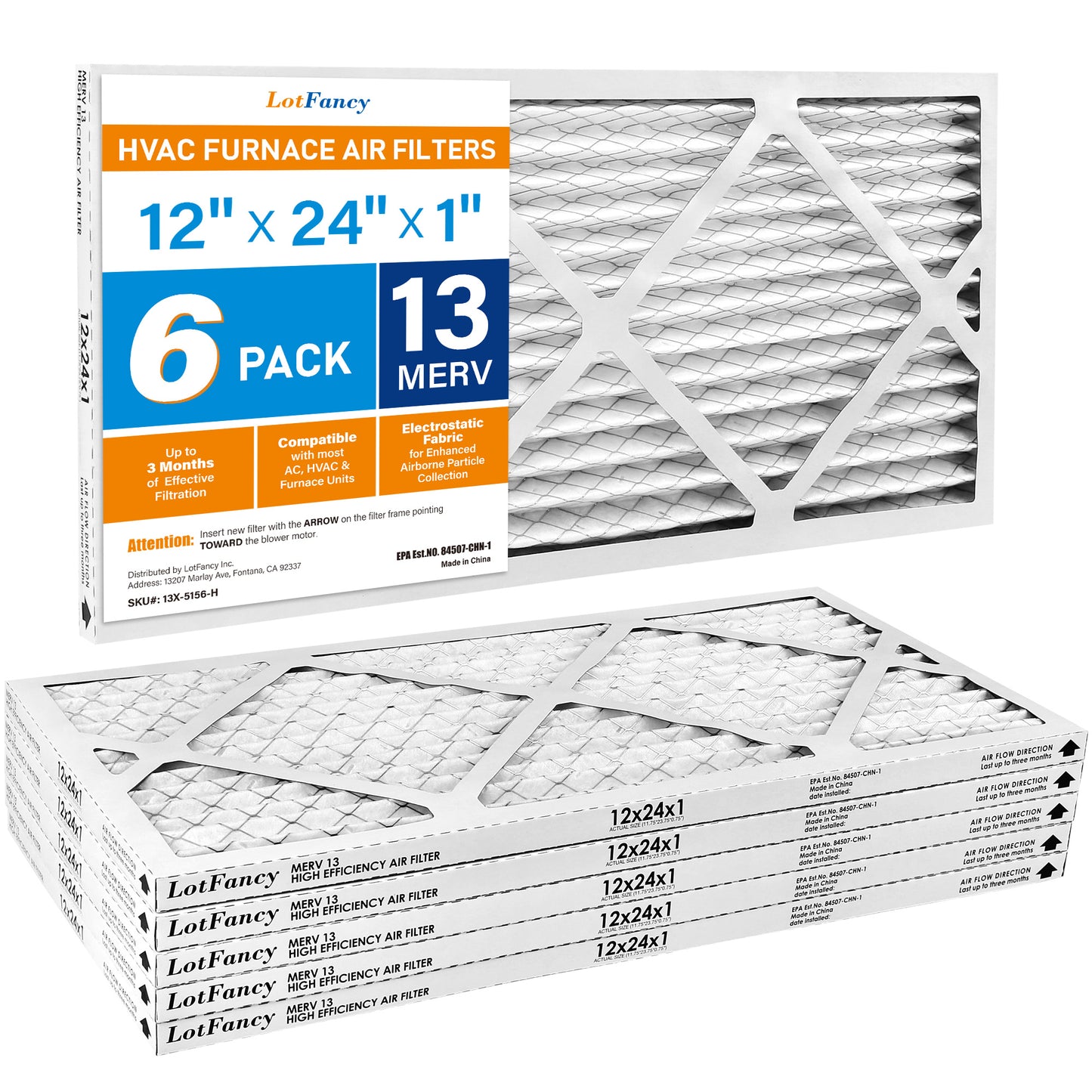 LotFancy 12x24x1 Air Filters, MERV 13 Pleated HVAC AC Furnace Air Filters, 6 Pack