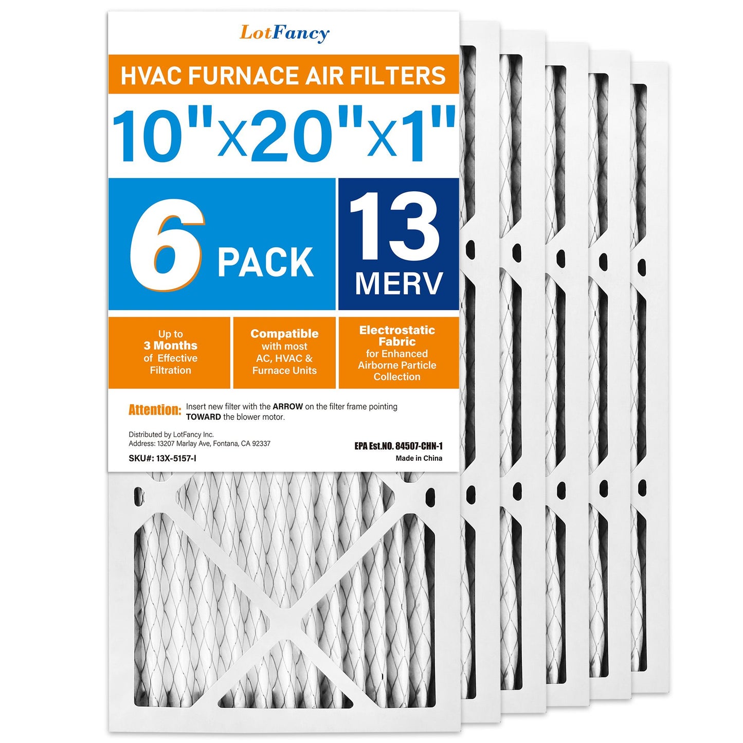 LotFancy 10x20x1 Air Filters, MERV 13 Pleated HVAC AC Furnace Air Filters, 6 Pack