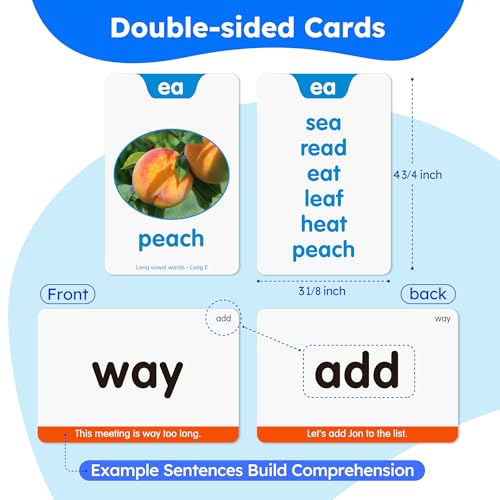 BenBen Sight Words Phonics Flash Cards, Learn to Read CVC, Blends, Long Vowel Sounds, Dolch & Fry High Frequency Site Words for Pre-k Kindergarten 1st 2nd 3rd Grade Kids
