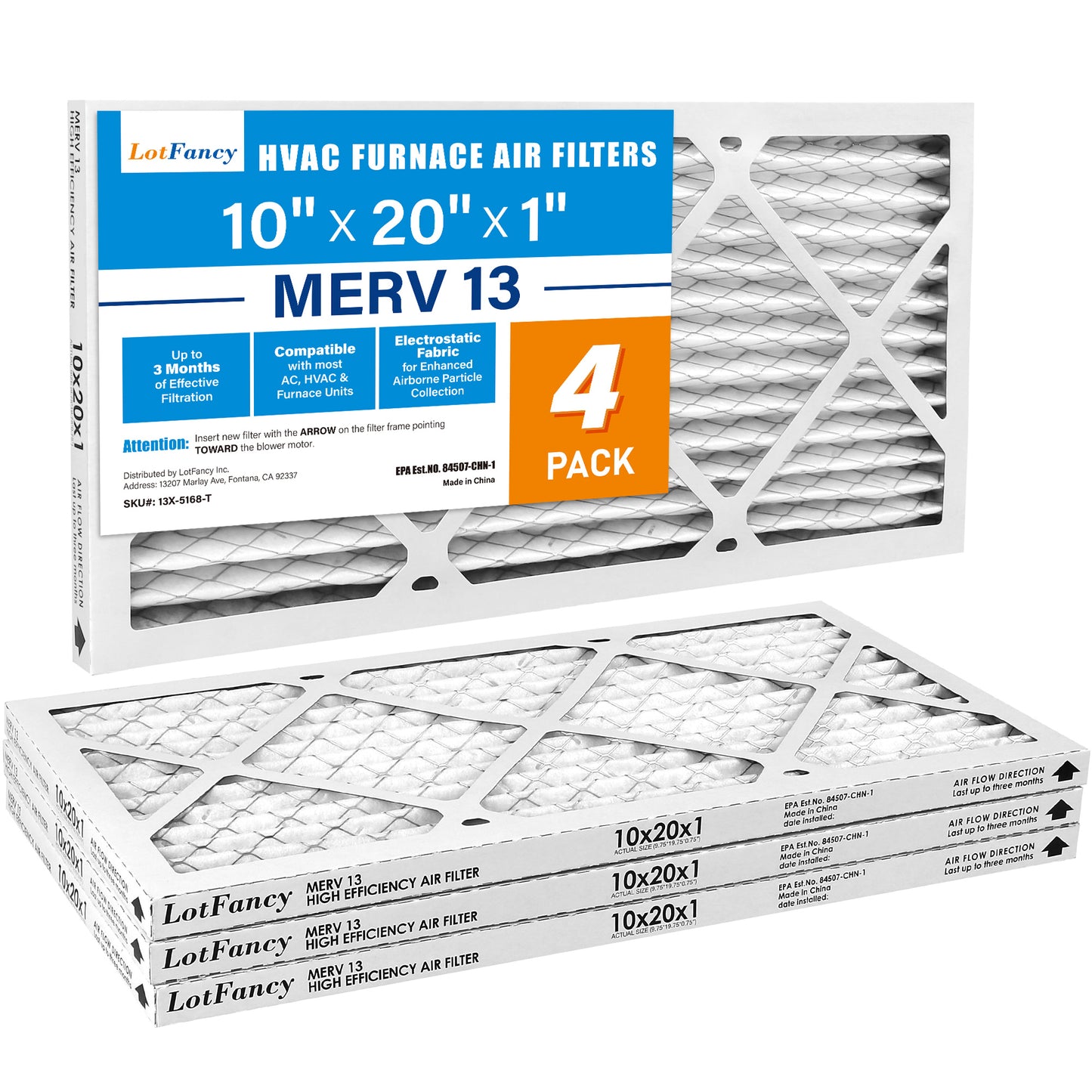 LotFancy 10x20x1 Air Filters, MERV 13 Pleated HVAC AC Furnace Air Filters, 4 Pack