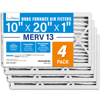 LotFancy 10x20x1 Air Filters, MERV 13 Pleated HVAC AC Furnace Air Filters, 4 Pack