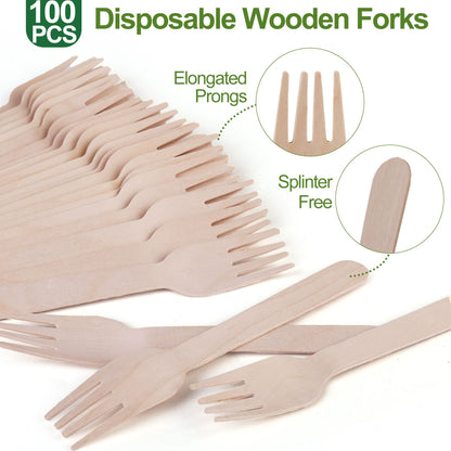 LotFancy Disposable Wooden Forks, 6.2inch Compostable Biodegradable Eco-friendly Forks, Great for Party Camping Picnics