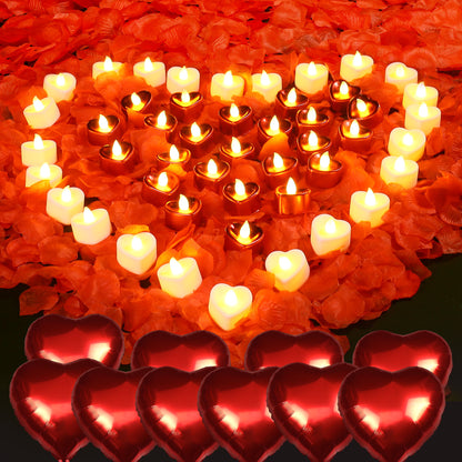 LotFancy 4000 Rose Petals with 48 White and Red Flameless Tea Lights LED Candles, 10 Foil Balloons Kit, WMT