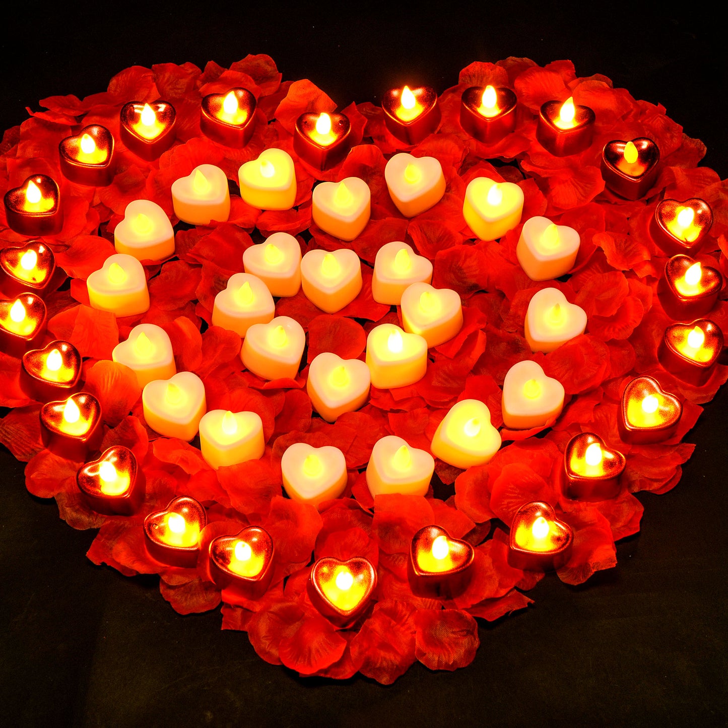 LotFancy 4000 Rose Petals with 48 White and Red Flameless Tea Lights LED Candles, 10 Foil Balloons Kit, WMT