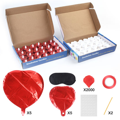 LotFancy 4000 Rose Petals with 48 White and Red Flameless Tea Lights LED Candles, 10 Foil Balloons Kit, WMT
