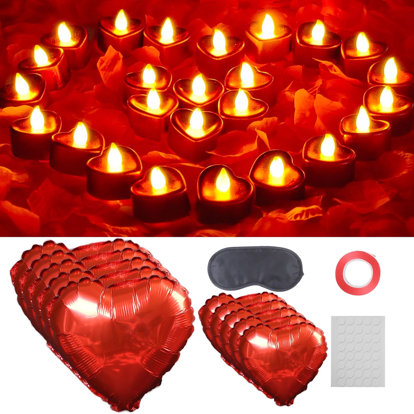 LotFancy 2000 Rose Petals with 24 Red Flameless Tea Lights LED Candles, 10 Foil Balloons Kit, Artificial Rose Petals for Romantic Night,Proposal Decorations, Bedroom, Anniversary, Wedding