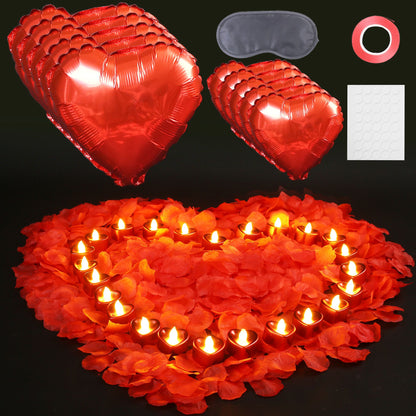 LotFancy 2000 Rose Petals with 24 Red Flameless Tea Lights LED Candles, 10 Foil Balloons Kit, Artificial Rose Petals for Romantic Night,Proposal Decorations, Bedroom, Anniversary, Wedding