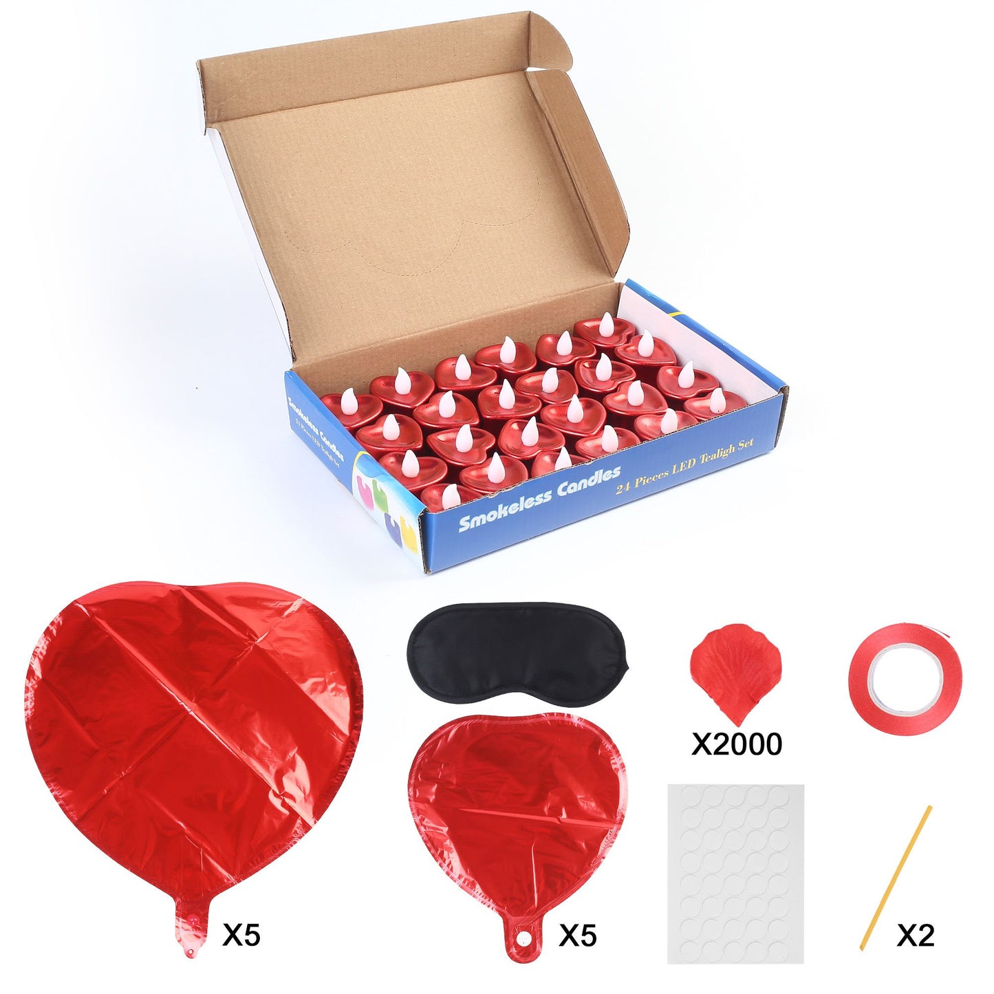 LotFancy 2000 Rose Petals with 24 Red Flameless Tea Lights LED Candles, 10 Foil Balloons Kit, Artificial Rose Petals for Romantic Night,Proposal Decorations, Bedroom, Anniversary, Wedding