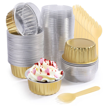 LotFancy 50 Aluminum Foil Baking Cups with Lids, Oven Safe Cupcake Liners, Mini Cake Pans, 5oz, Gold