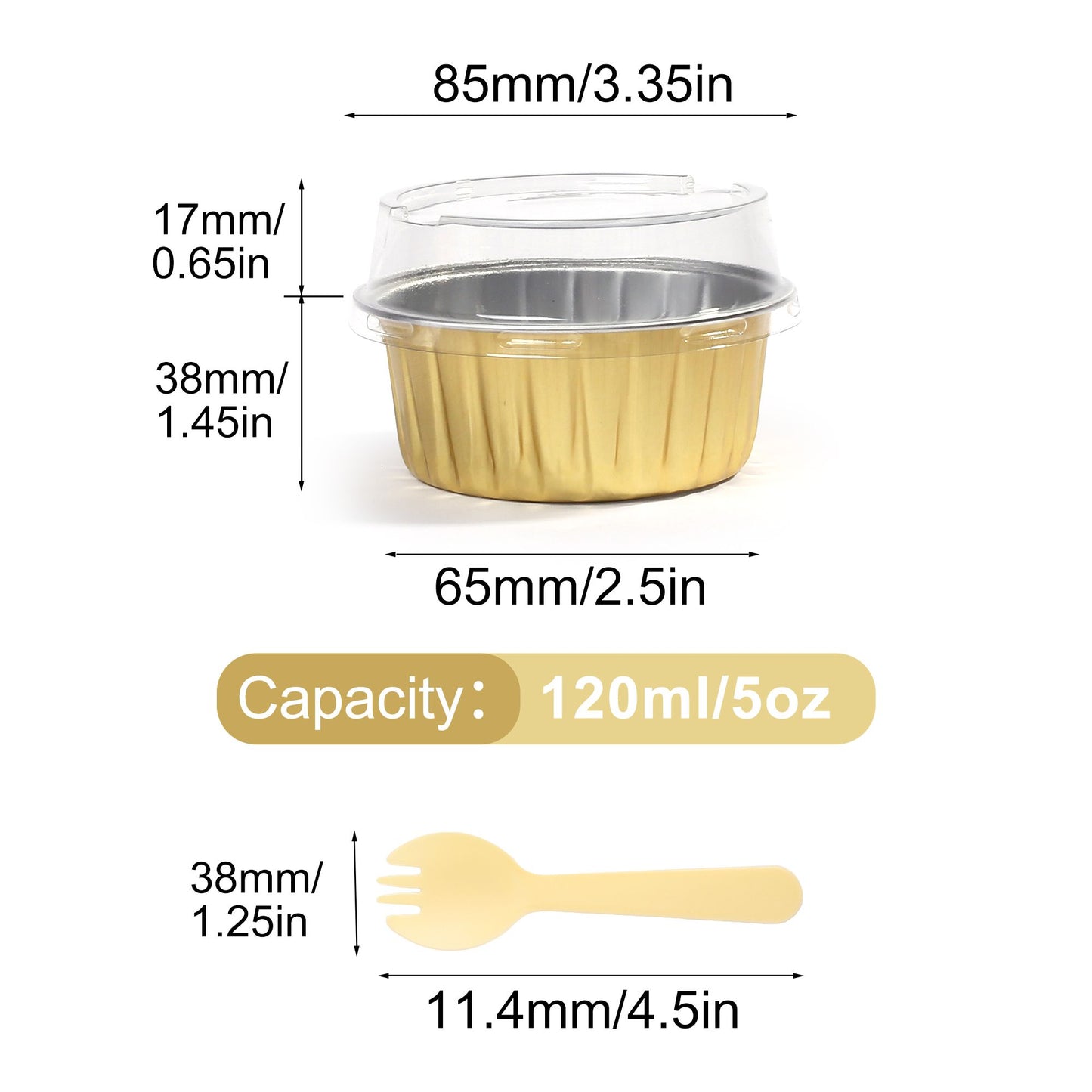 LotFancy 50 Aluminum Foil Baking Cups with Lids, Oven Safe Cupcake Liners, Mini Cake Pans, 5oz, Gold