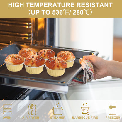 LotFancy 50 Aluminum Foil Baking Cups with Lids, Oven Safe Cupcake Liners, Mini Cake Pans, 5oz, Gold