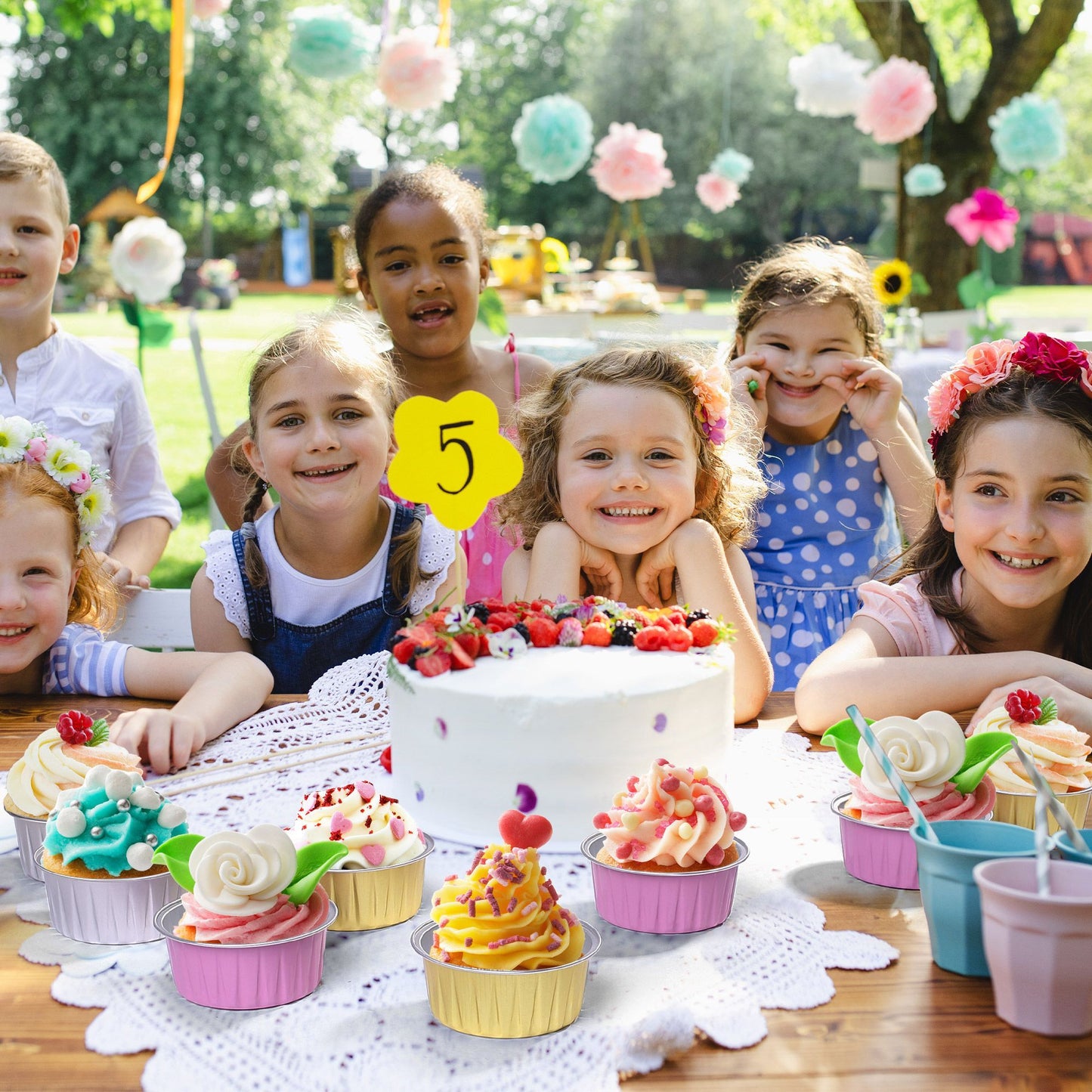 LotFancy Mini Cake Pans with Lids (50pcs, 5oz), Aluminum Foil Baking Cups, Cupcake Pan, Silver