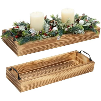 LotFancy Wooden Decorative Tray, Set of 2, Long Rustic Centerpiece Tray for Dining Room, Coffee Table Décor, Rectangle Farmhouse Tray with Handles, Candle Holder Ottoman Tray