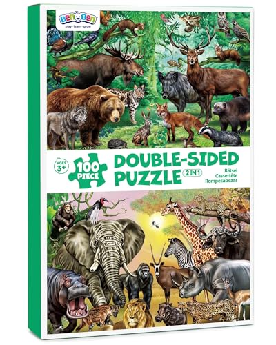 BenBen Puzzles for Kids Ages 4-6, Double Sided 100 Piece Puzzles for Kids, 2 in 1 Puzzle, Wild Animals, Learning Educational Jigsaw Puzzles Toys for Boys Girls (15.75” x 11.75”)