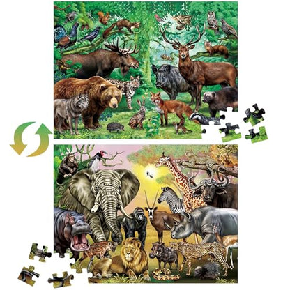 BenBen Puzzles for Kids Ages 4-6, Double Sided 100 Piece Puzzles for Kids, 2 in 1 Puzzle, Wild Animals, Learning Educational Jigsaw Puzzles Toys for Boys Girls (15.75” x 11.75”)