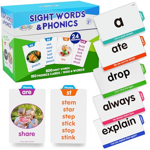 BenBen Sight Words Phonics Flash Cards, Learn to Read CVC, Blends, Long Vowel Sounds, Dolch & Fry High Frequency Site Words for Pre-k Kindergarten 1st 2nd 3rd Grade Kids