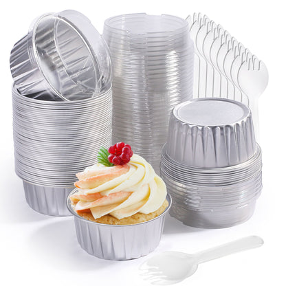 LotFancy Mini Cake Pans with Lids (50pcs, 5oz), Aluminum Foil Baking Cups, Cupcake Pan, Silver