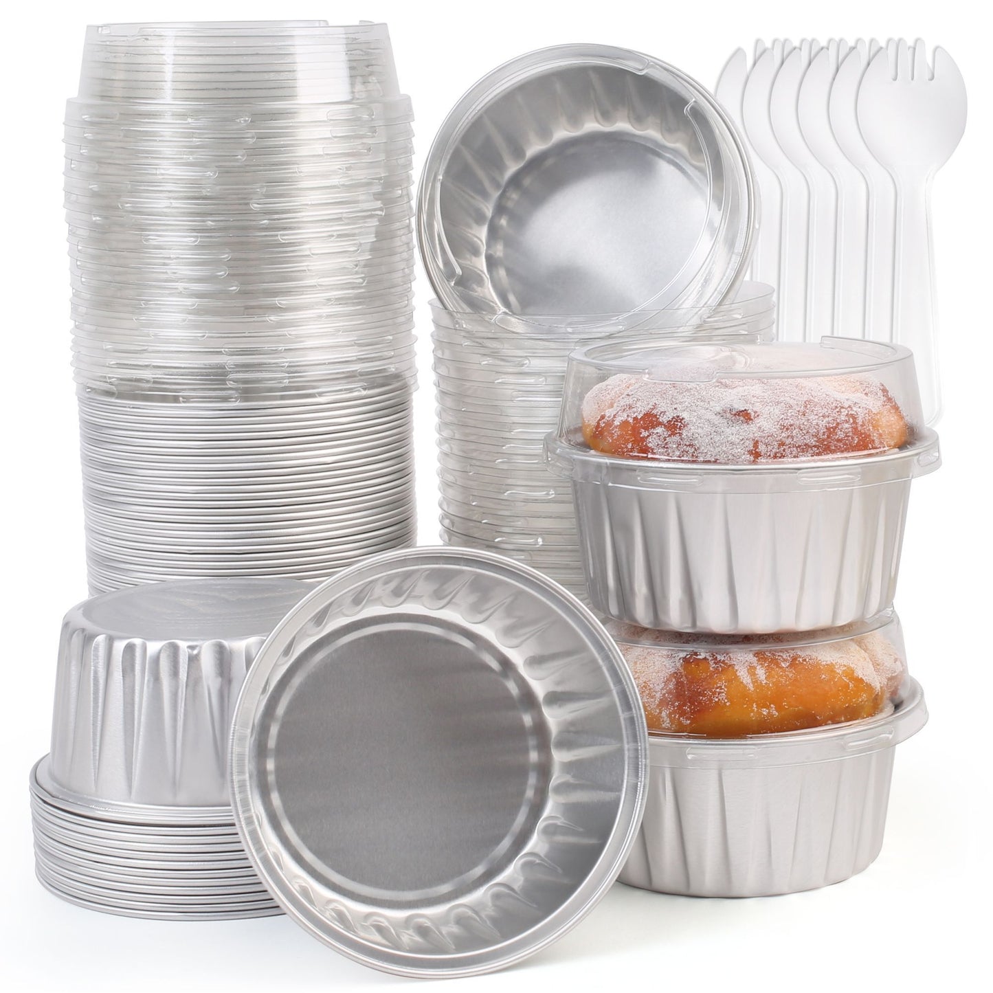 LotFancy Mini Cake Pans with Lids (50pcs, 5oz), Aluminum Foil Baking Cups, Cupcake Pan, Silver