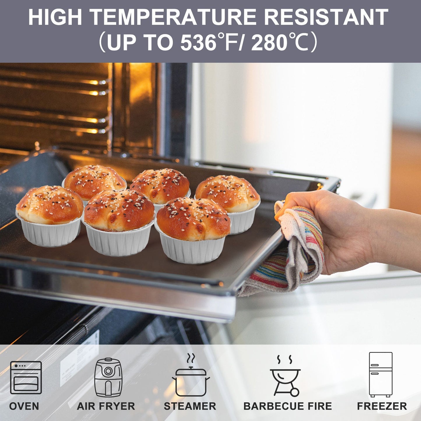 LotFancy Mini Cake Pans with Lids (50pcs, 5oz), Aluminum Foil Baking Cups, Cupcake Pan, Silver