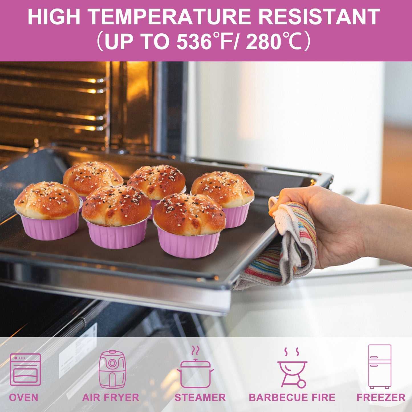 LotFancy Cupcake Liners with Lids 50pcs, 5 oz, Aluminum Foil Baking Cups, Mini Cake Pans, Pink