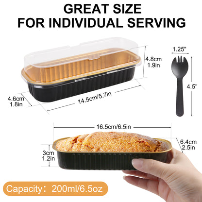 LotFancy 50 Aluminum Foil Mini Loaf Pans with Lids and Spoons,6.8oz Baking Cups Muffin Tins, Black